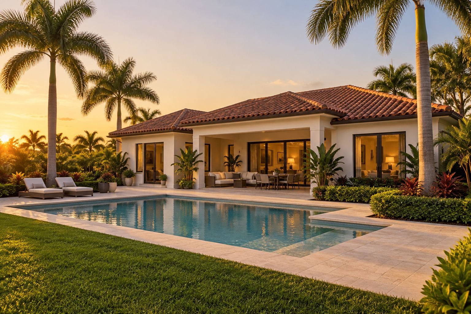 A South Florida home with palms and a pool, illustrative