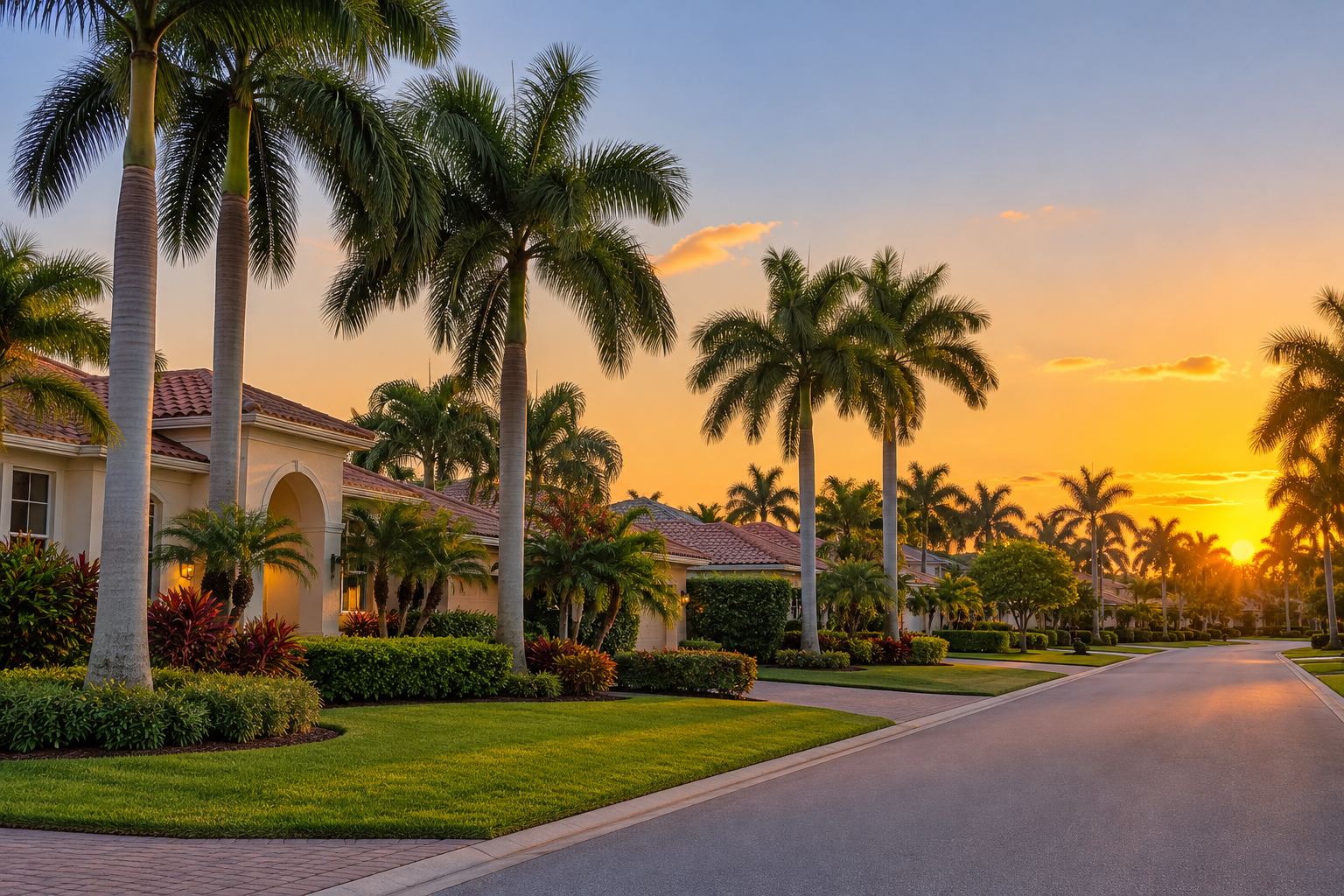 A South Florida residential street at sunset, illustrative