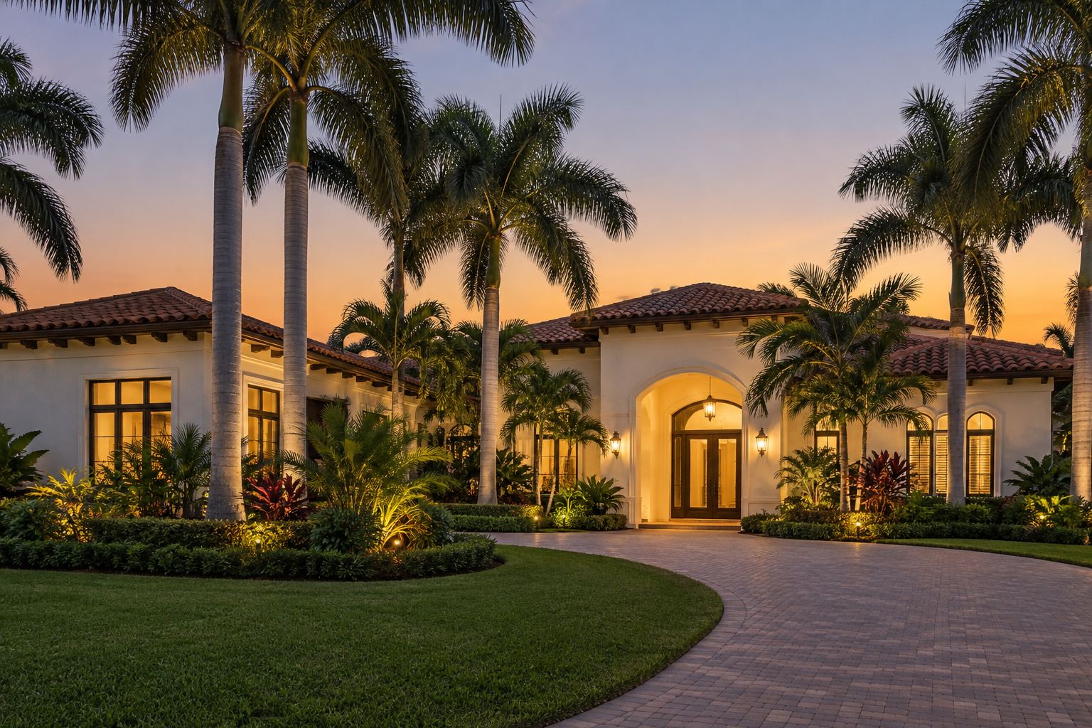 A South Florida home at dusk, illustrative