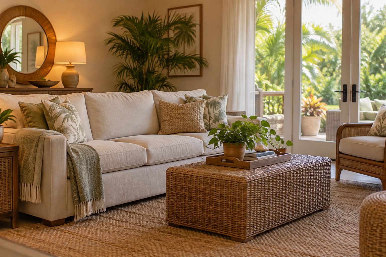 A cozy South Florida living room, illustrative